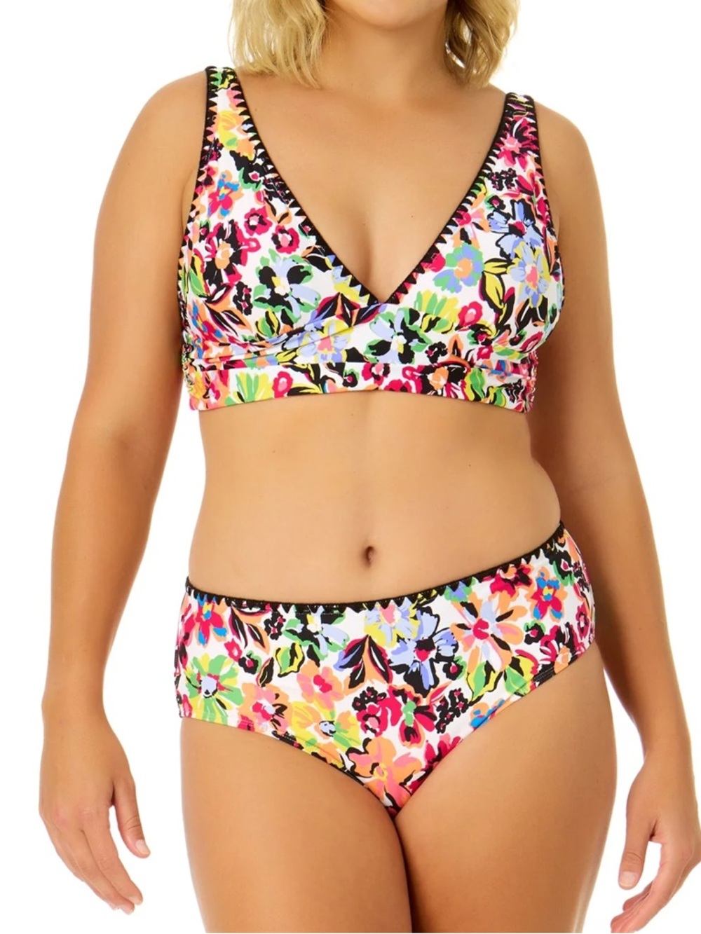 Anne Cole Floral Sun Blossom Shirred Bralette Top & Mid Rise Bikini Bottom Set